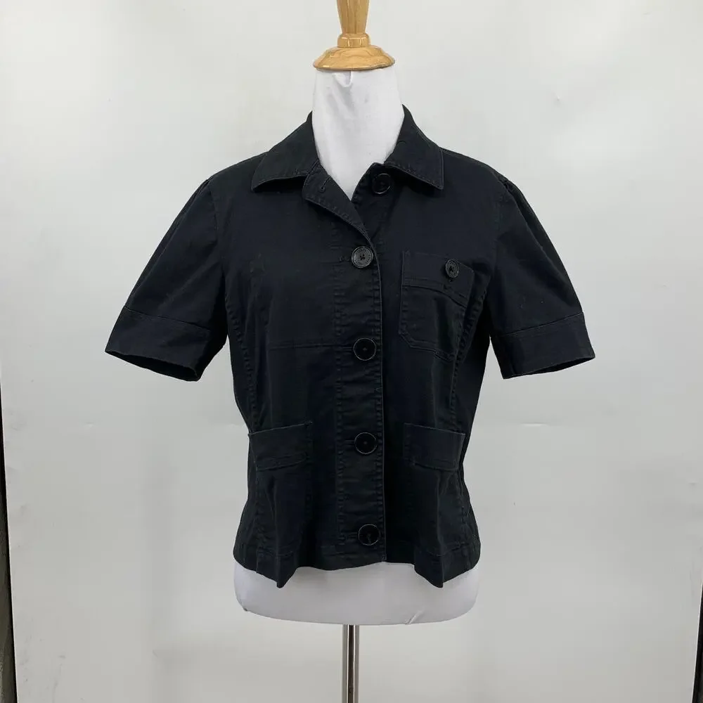 Lauren Ralph Lauren Shirt Womens M Medium Black Puff Sleeve Notch Cropped Top